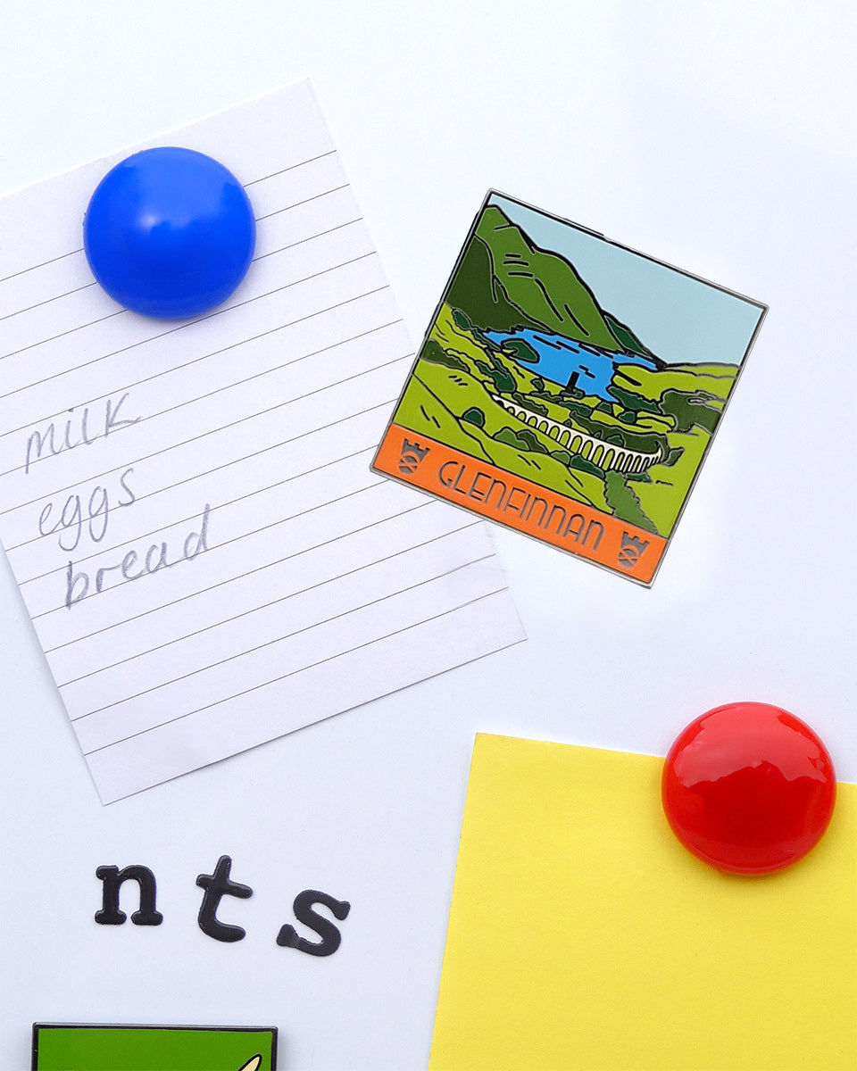 Fridge magnet packaging with a scenic illustration of Glenfinnan and 'National Trust for Scotland' logo.