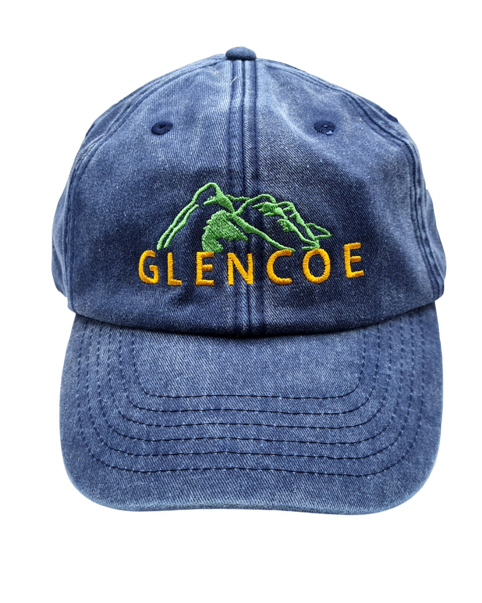 Blue cap with 'Glencoe' logo on a white background