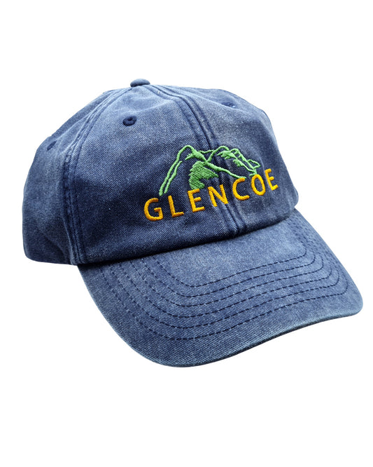Blue cap with 'Glencoe' logo on a white background