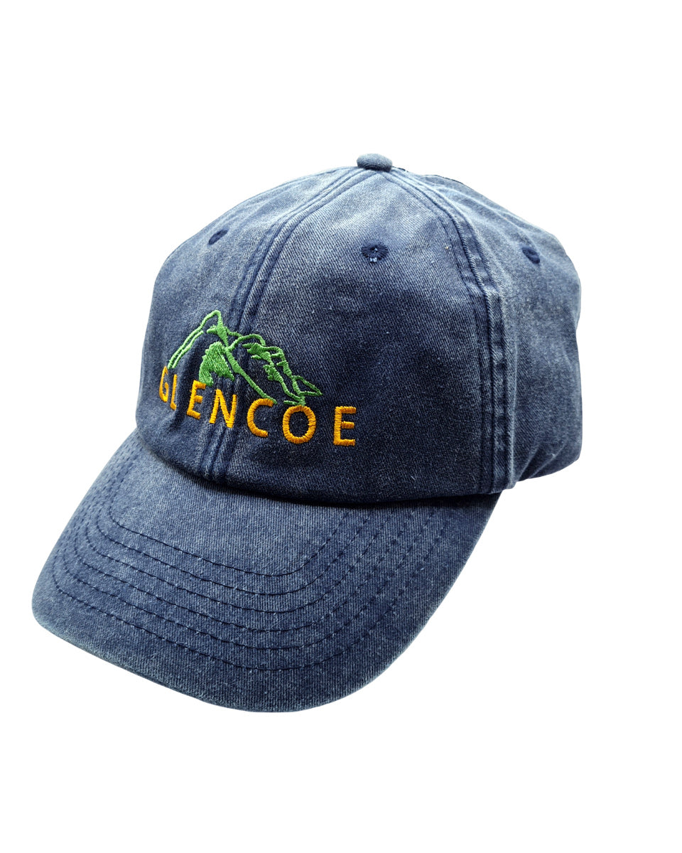 Blue cap with embroidered Glencoe logo and text on a white background