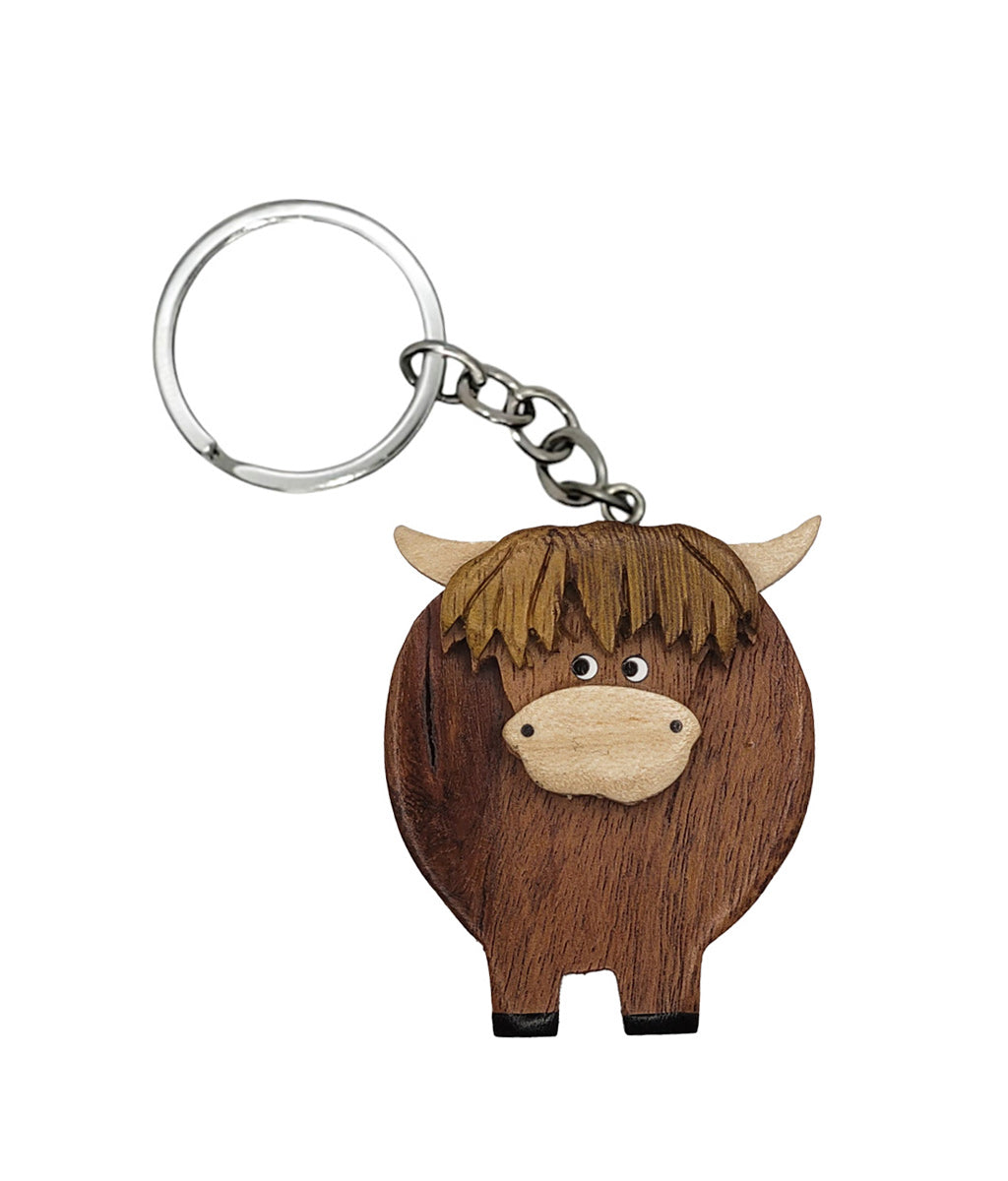 Highland Cow Wooden Keyring Light Horn