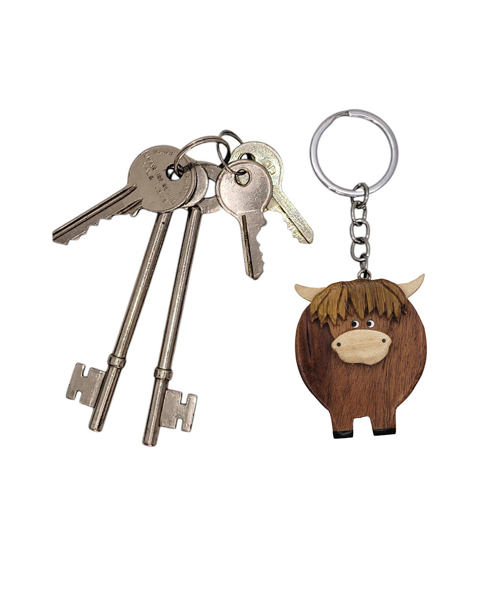 Highland Cow Wooden Keyring Light Horn