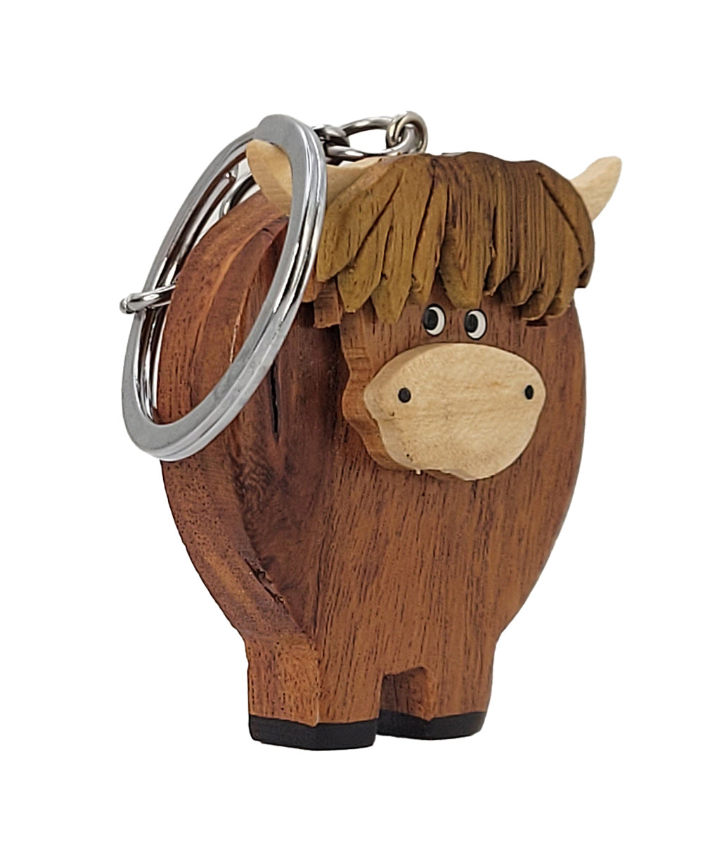 Highland Cow Wooden Keyring Light Horn