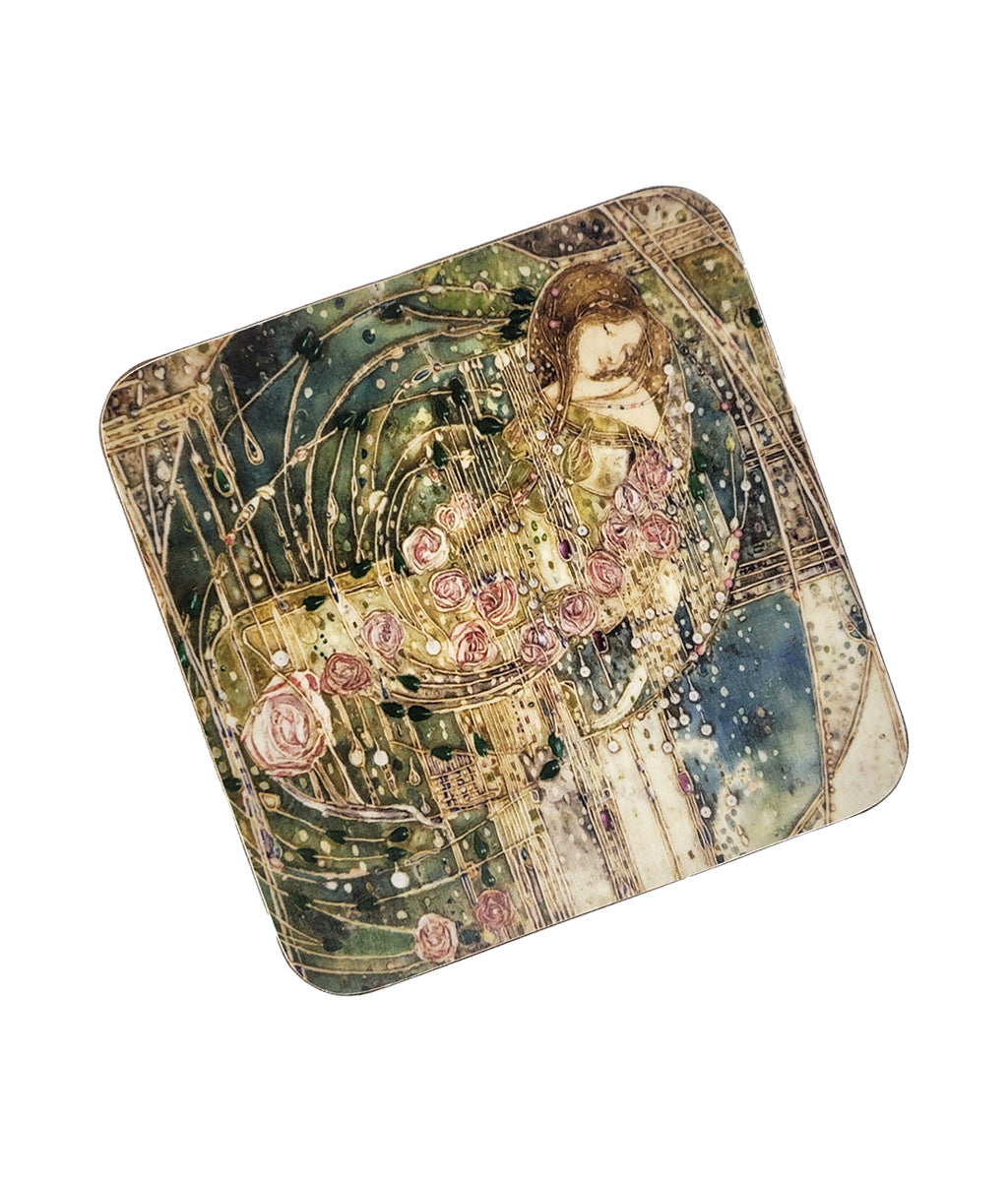 Decorative coaster with artistic design of the Sleeping Princess by Margaret Mackintosh