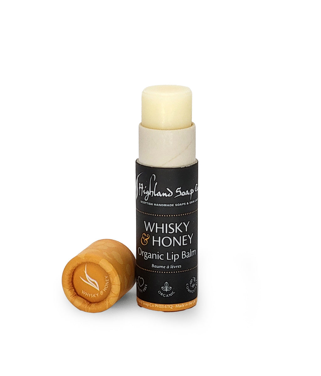 Highland Soap Co. Whisky & Honey Organic Lip Balm on a white 