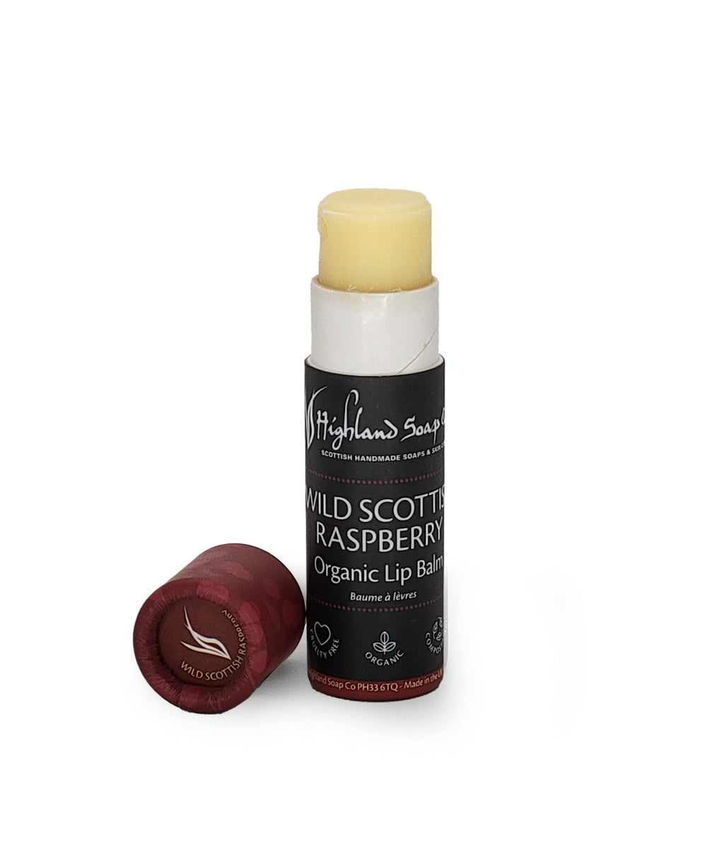 Highland Soap Wild Scottish Raspberry Organic Lip Balm on a white background