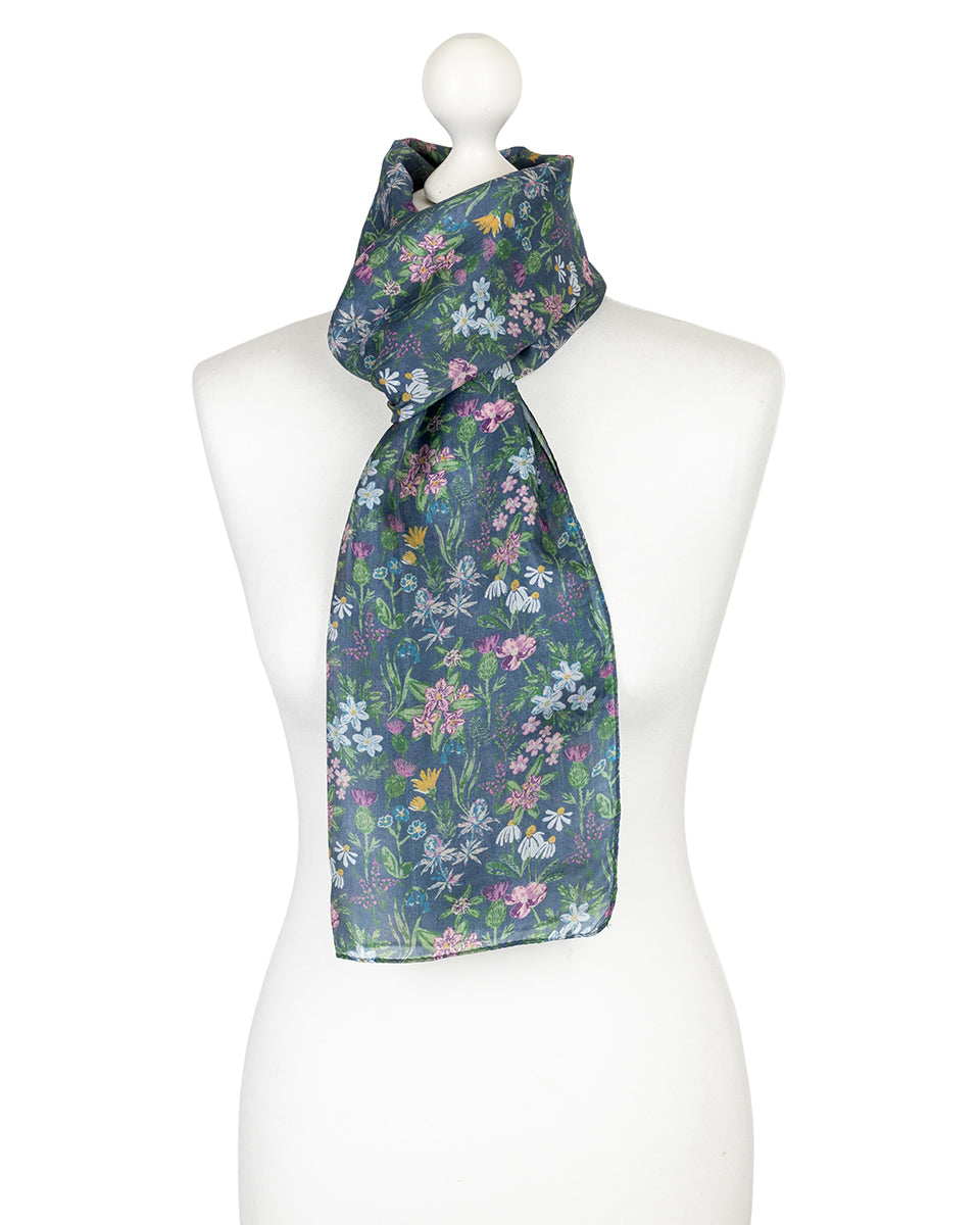 Navy Thistle Silk Scarf