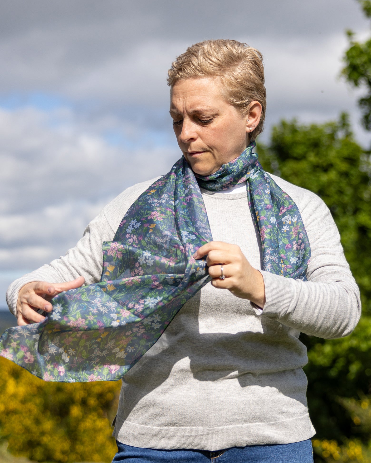 Navy Floral Silk Scarf