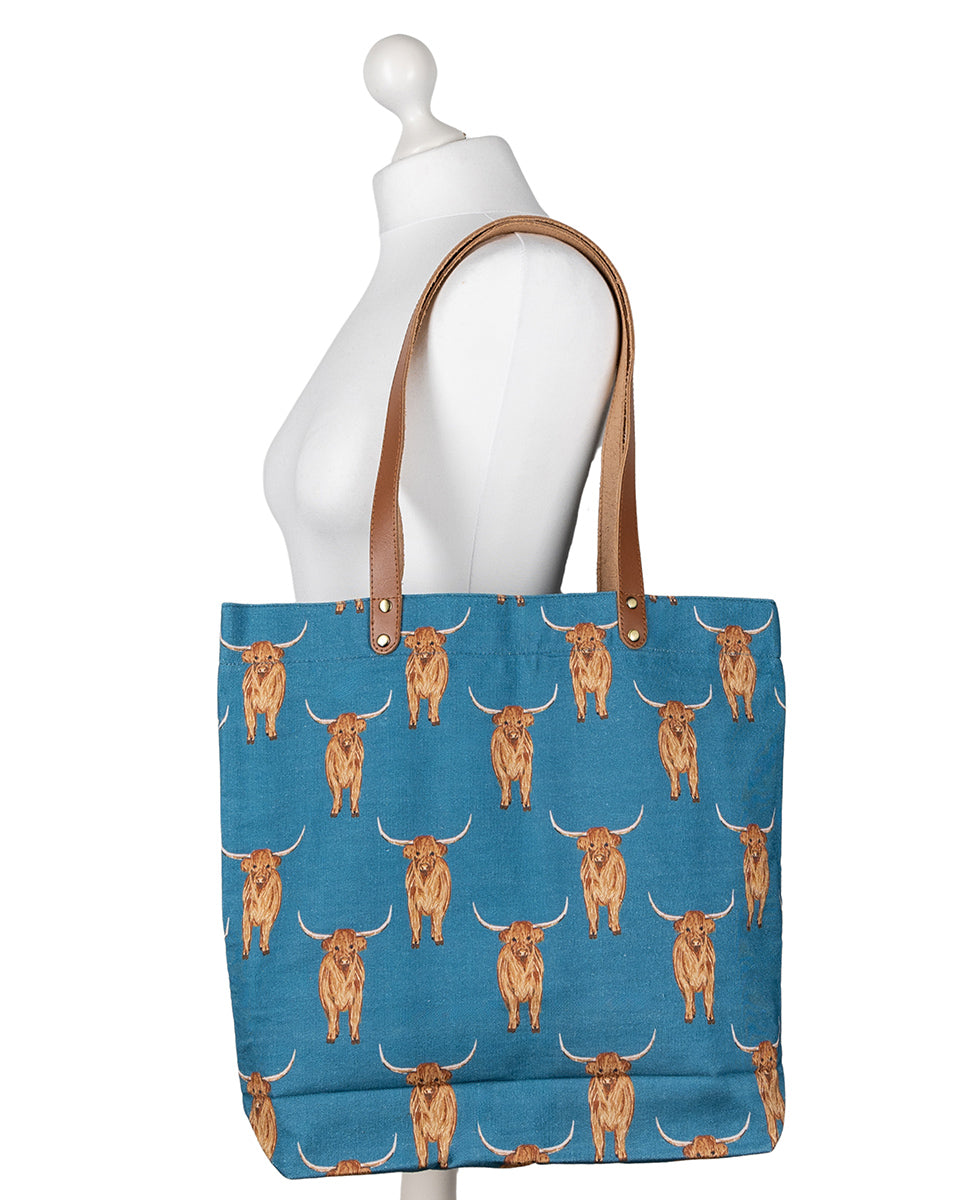 Teal Highland Cow Tote Bag