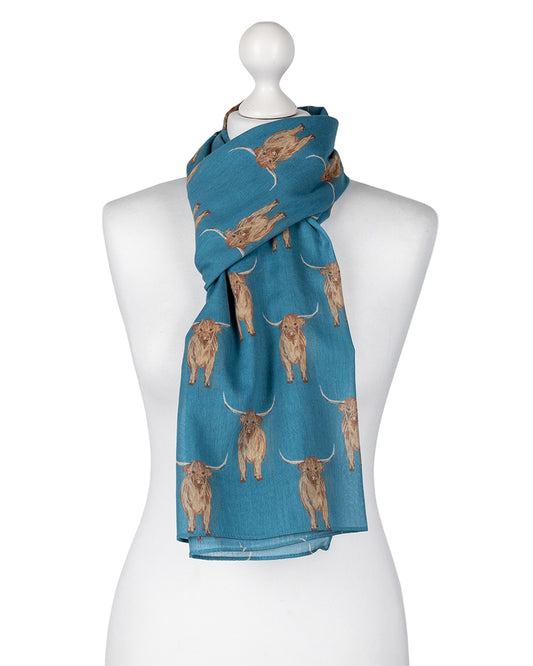 Teal Green Highland Cow Cotton Scarf