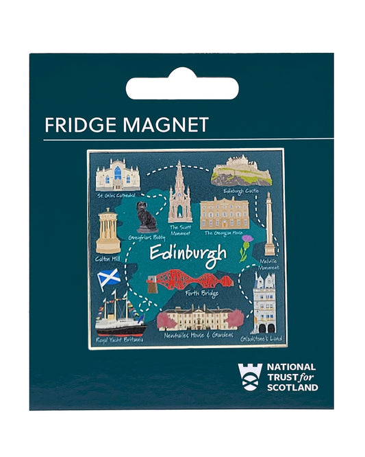 Edinburgh fridge magnet packaging with illustrations of famous landmarks and National Trust for Scotland logo.