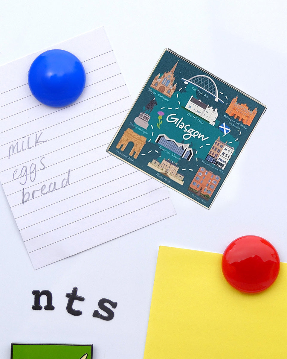 Fridge magnet packaging with Glasgow landmarks and National Trust for Scotland logo