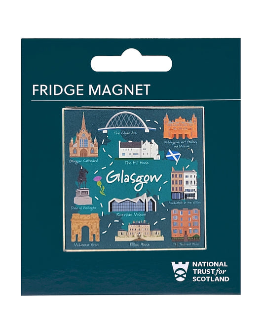 Fridge magnet packaging with Glasgow landmarks and National Trust for Scotland logo