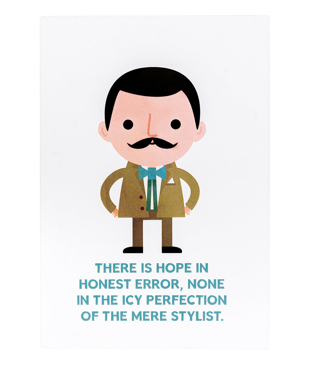 Cartoon character of Charles Rennie Mackintosh with a moustache and bow tie on a light blue background with text.