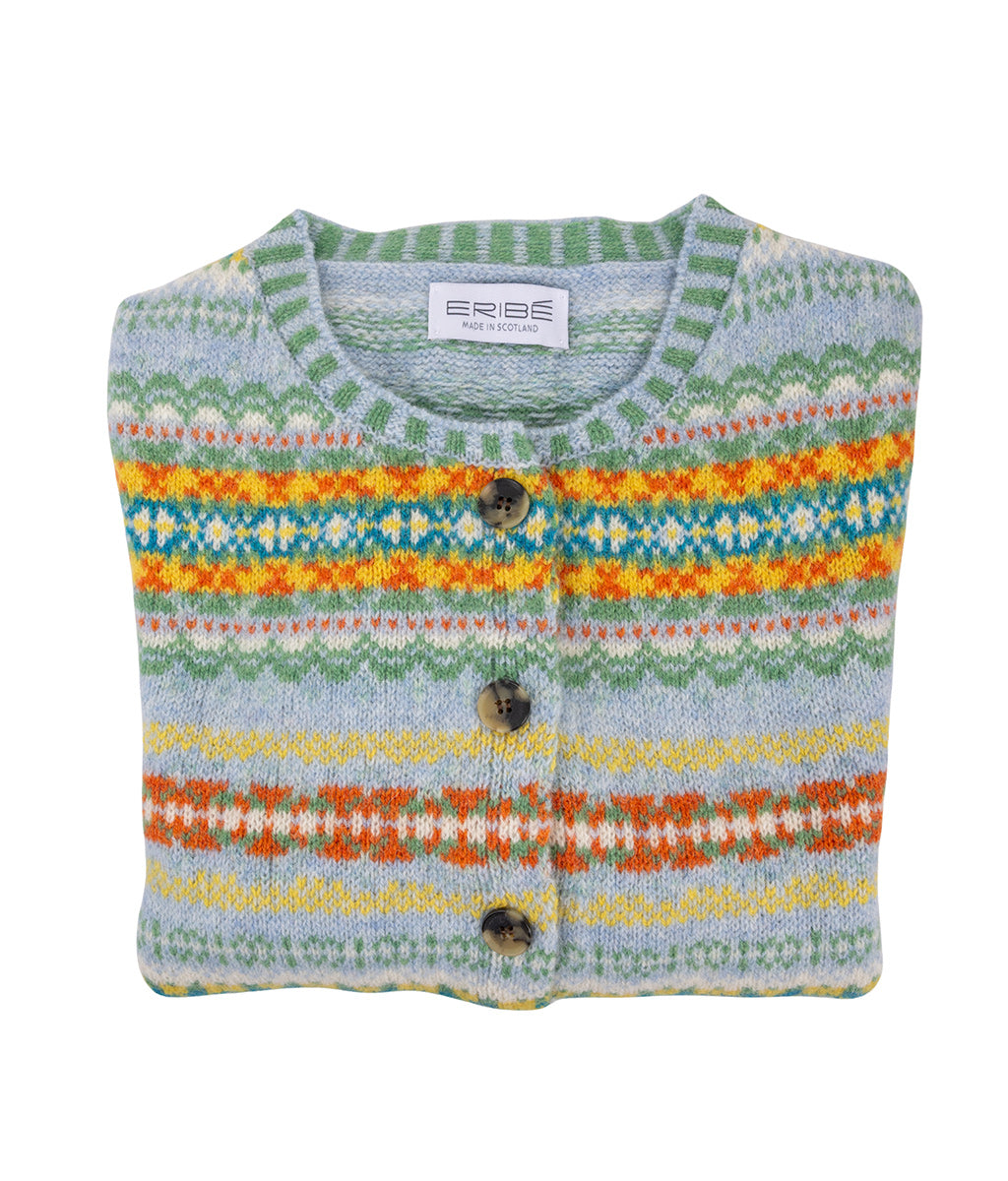 Colourful striped Westray Cardigan in Torridon Pattern by Eribe Knitwear with buttons on a white background