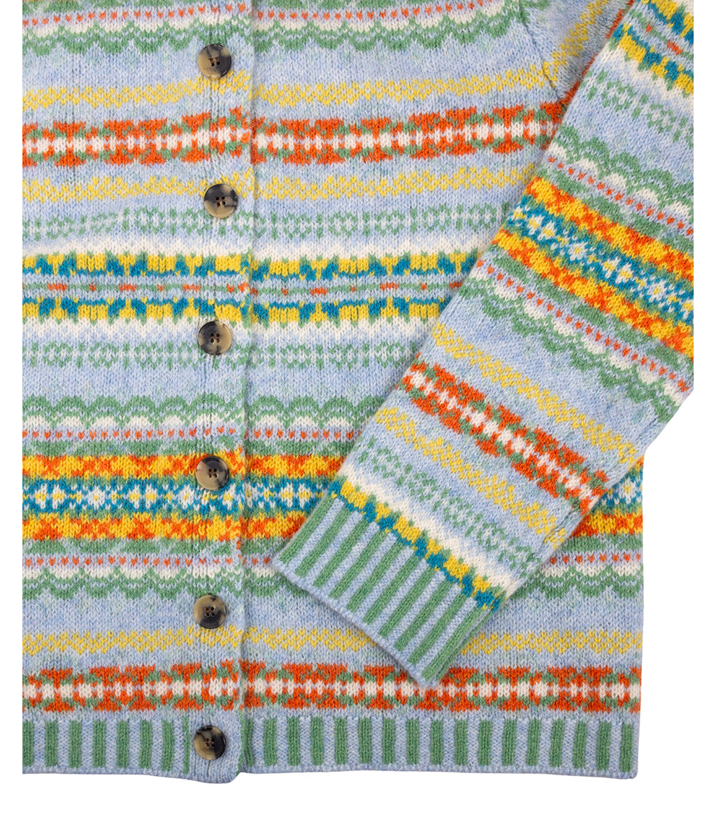 Colourful striped Westray Cardigan in Torridon Pattern by Eribe Knitwear with buttons on a white background