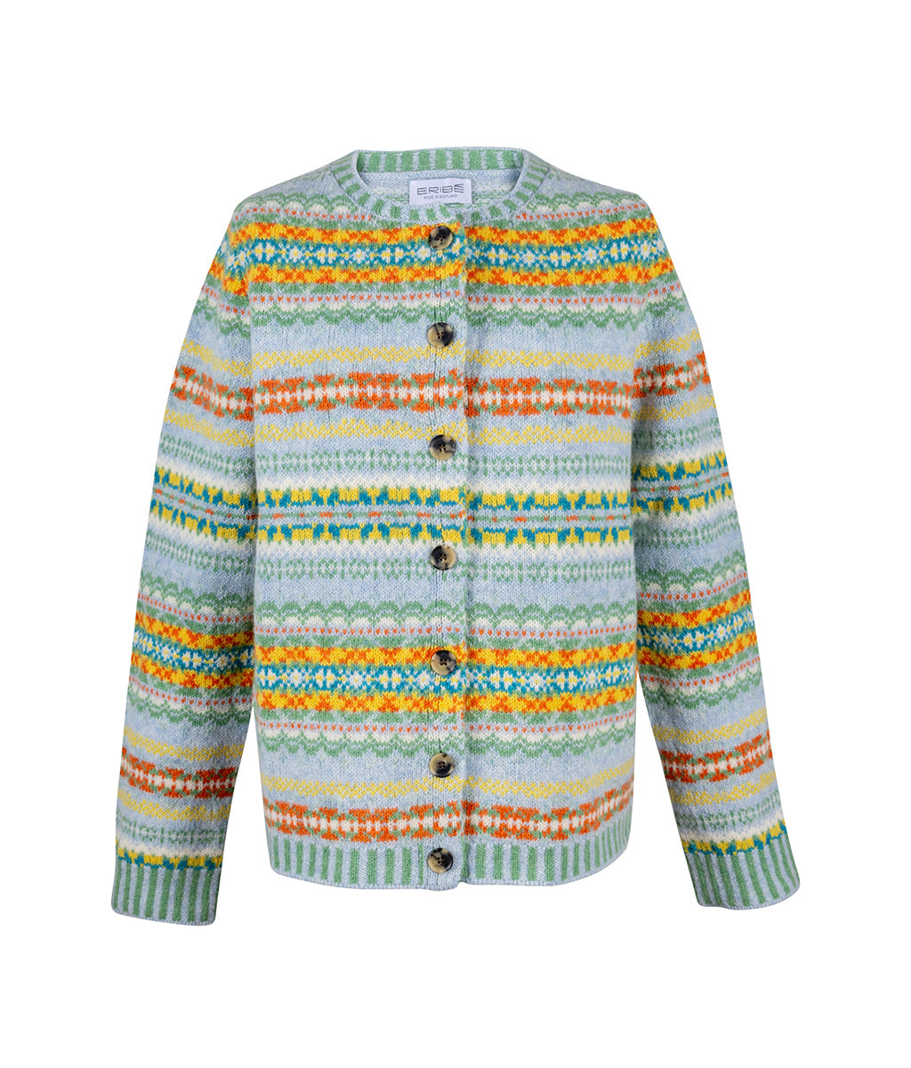 Colourful striped Westray Cardigan in Torridon Pattern by Eribe Knitwear with buttons on a white background