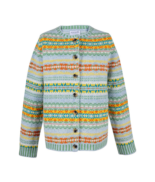 Colourful striped Westray Cardigan in Torridon Pattern by Eribe Knitwear with buttons on a white background