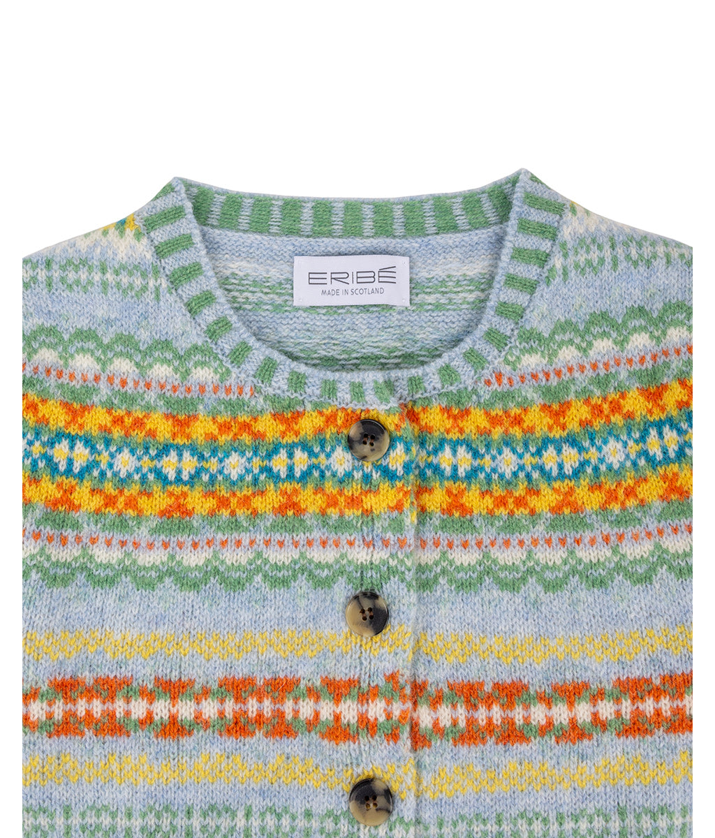 Colourful striped Westray Cardigan in Torridon Pattern by Eribe Knitwear with buttons on a white background