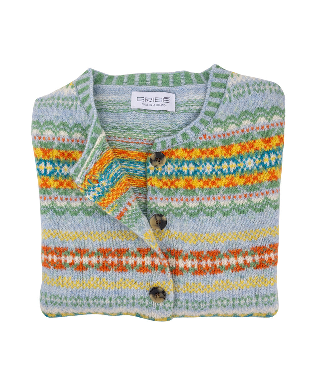 Colourful striped Westray Cardigan in Torridon Pattern by Eribe Knitwear with buttons on a white background