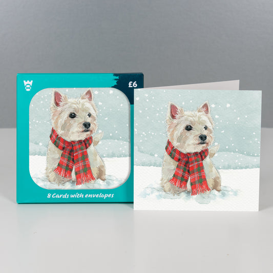 Westie Wrapped Up Christmas Cards Pack of 8 featuring a West Highland Terrier