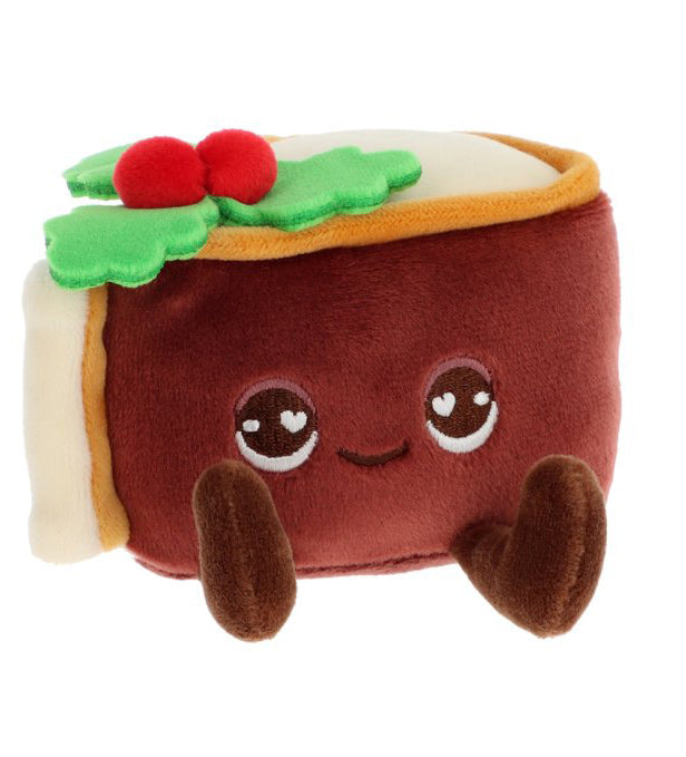 Plush toy resembling a piece of cake with cherries on top against a white background