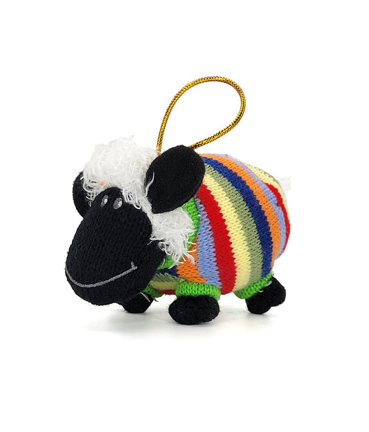Knitted Sheep with Striped Jumper Christmas Hanging Decoration