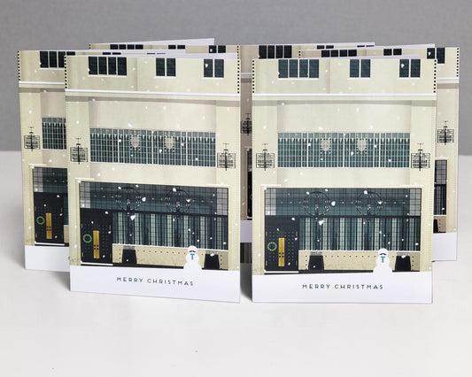 Christmas Cards Inspired by Mackintosh at the Willow building design and 'Merry Christmas' text on a white background.