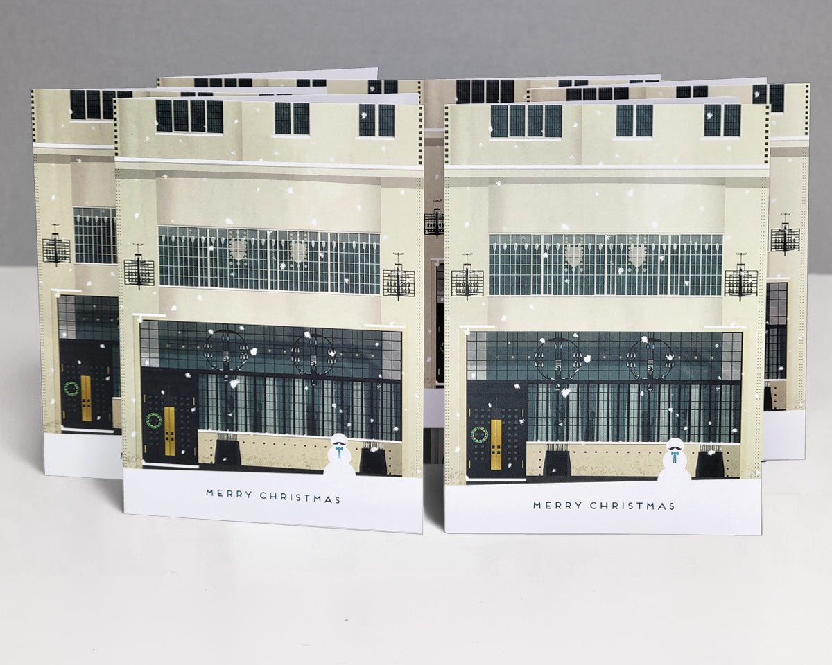 Christmas Cards Inspired by Mackintosh at the Willow building design and 'Merry Christmas' text on a white background.