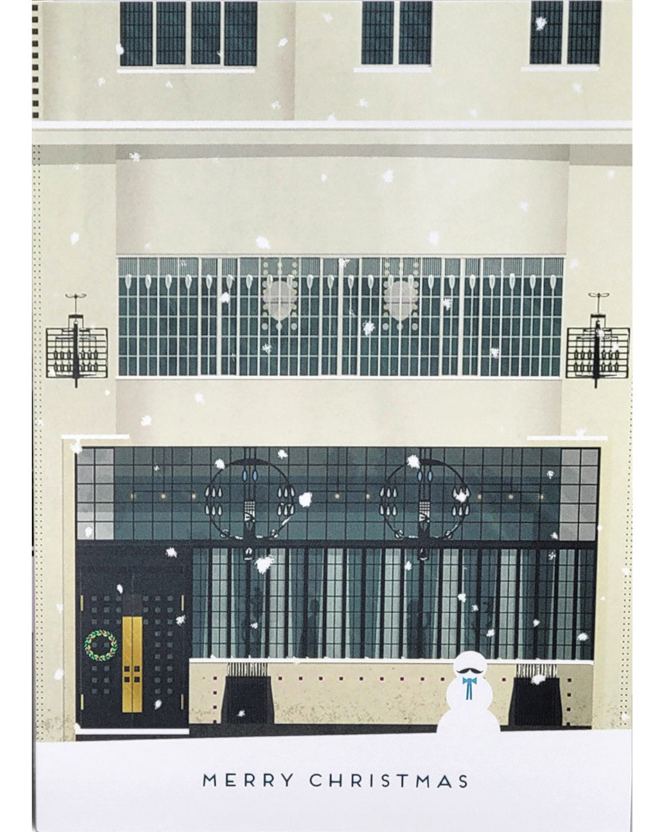 Christmas Card Inspired by Mackintosh at the Willow building design and 'Merry Christmas' text on a white background.