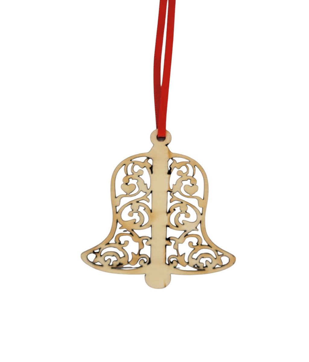 Decorative bell ornament with intricate designs on a red string against a white background