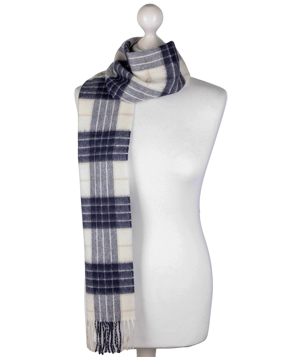 Knockmore Tartan Cashmere Scarf on a mannequin against a white background