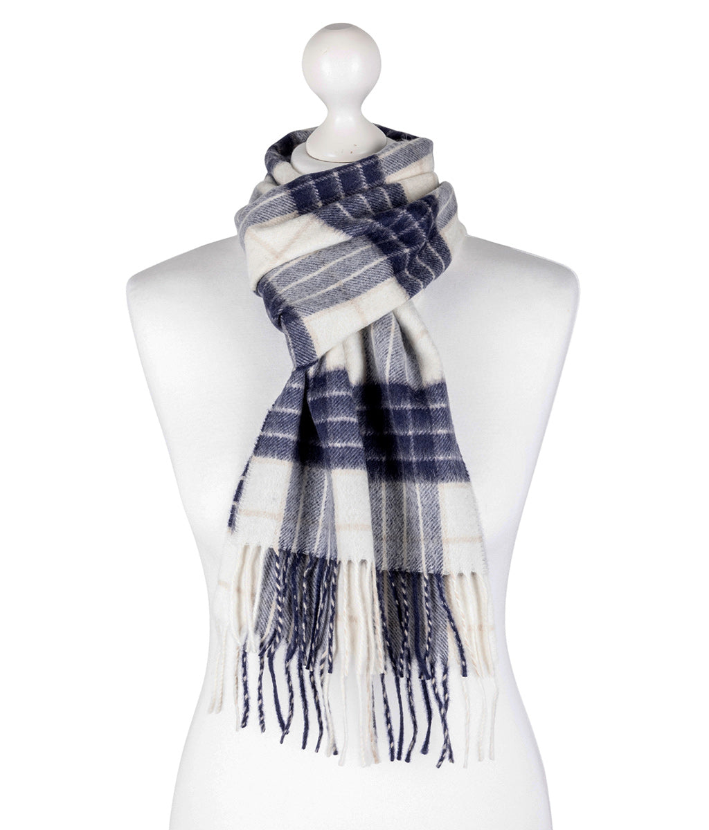 Knockmore Tartan Cashmere Scarf on a mannequin against a white background