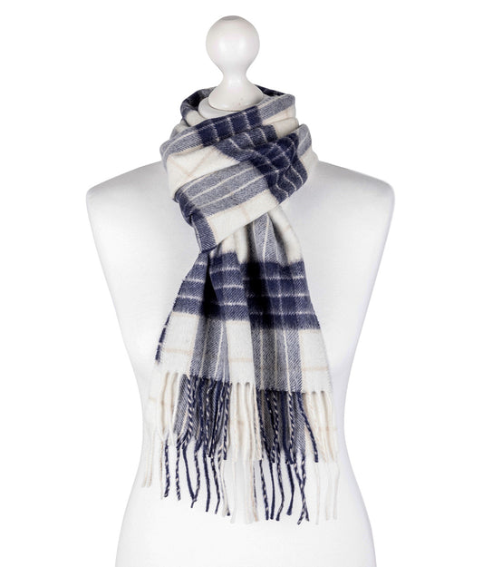 Knockmore Tartan Cashmere Scarf on a mannequin against a white background