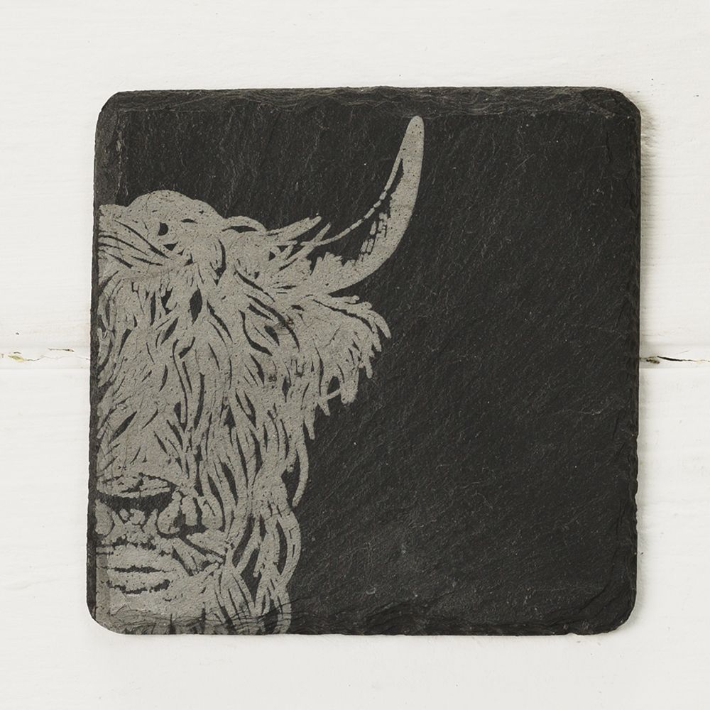 4 Slate Coasters - Highland Cow Design