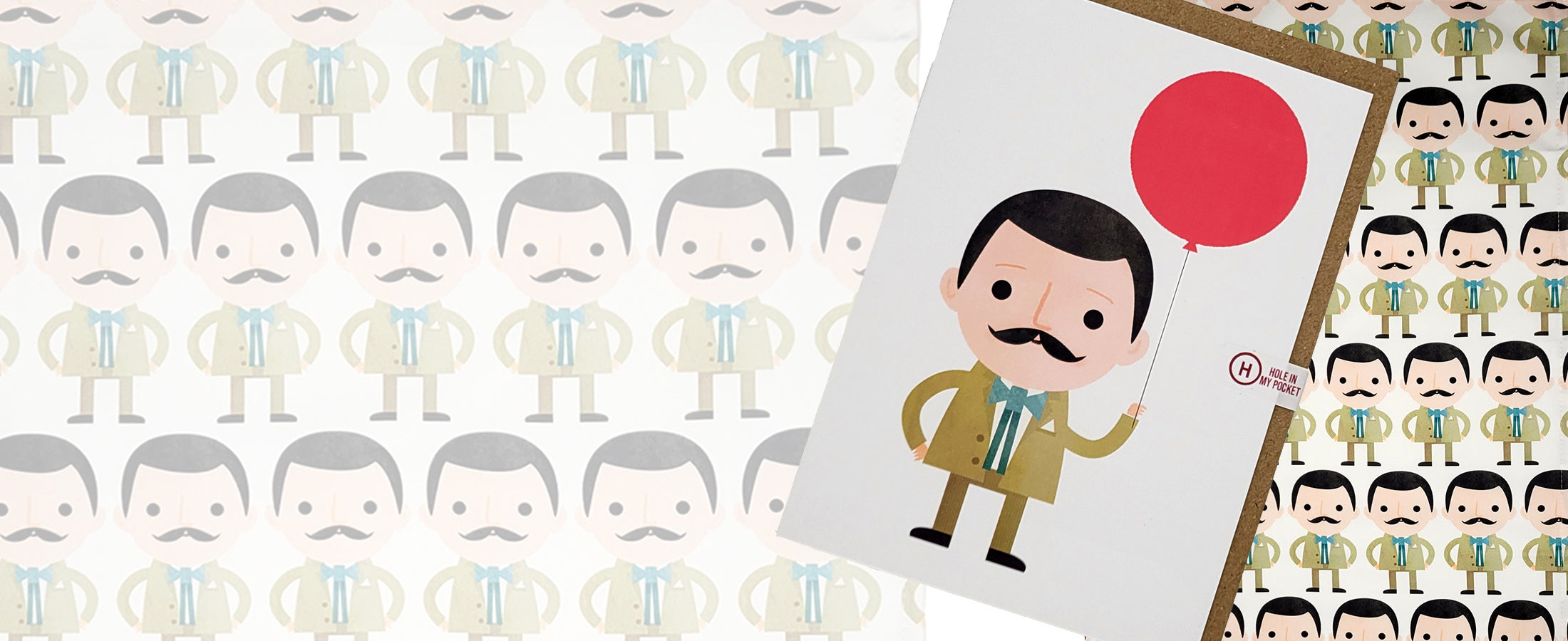Illustration of Charles Rennie Mackintosh holding a red balloon on a patterned background.