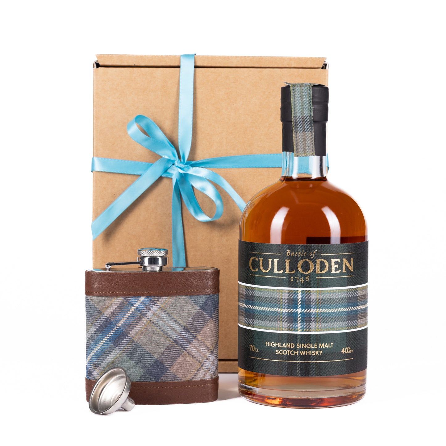 A bottle of Culloden Highland Single Malt Scotch Whisky, a brown leather-and-Culloden tartan hip flask, and a brown gift box tied with a teal ribbon, photographed on a white background.