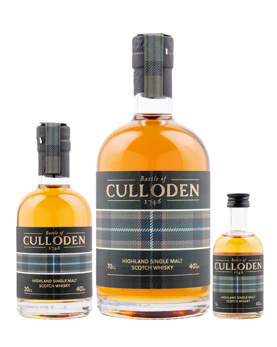 Three bottles of Culloden 1746 Highland Single Malt Scotch Whisky on a white background