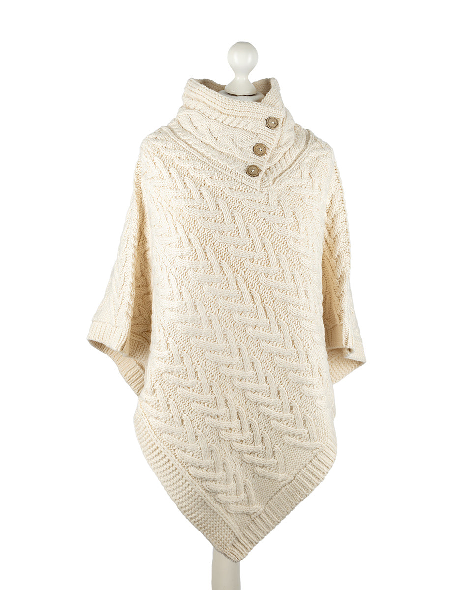 Aran Cable Button Shawl Neck Poncho - Cream