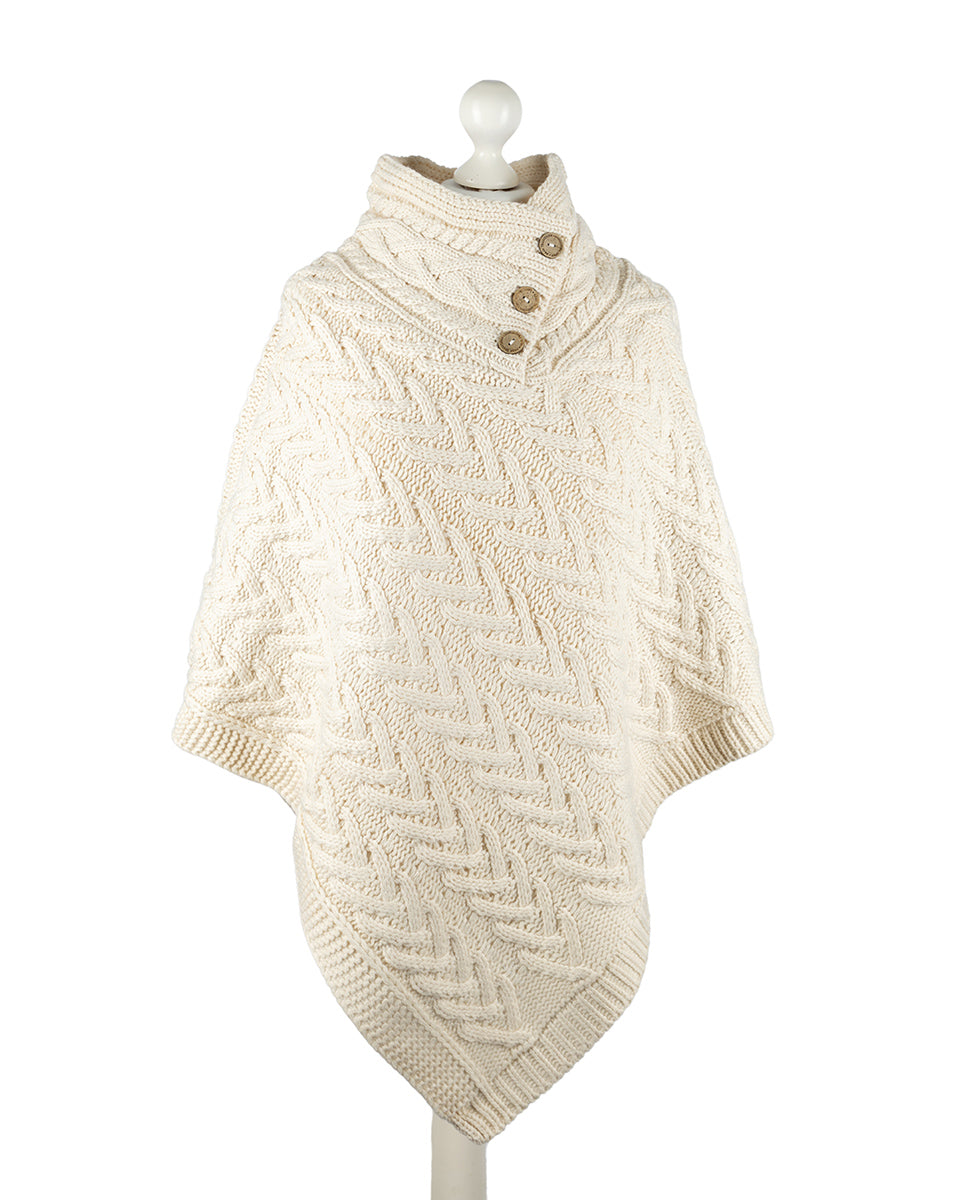 Aran Cable Button Shawl Neck Poncho - Cream