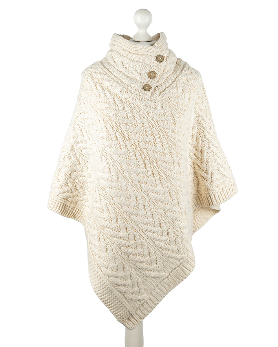 Aran Cable Button Shawl Neck Poncho - Cream