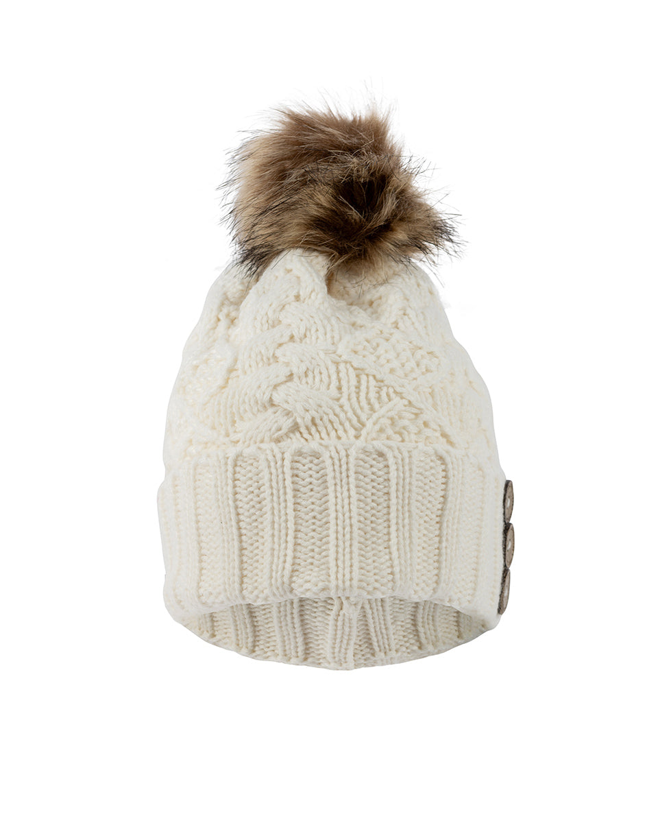 Aran Diamond Cable Button Hat - Cream