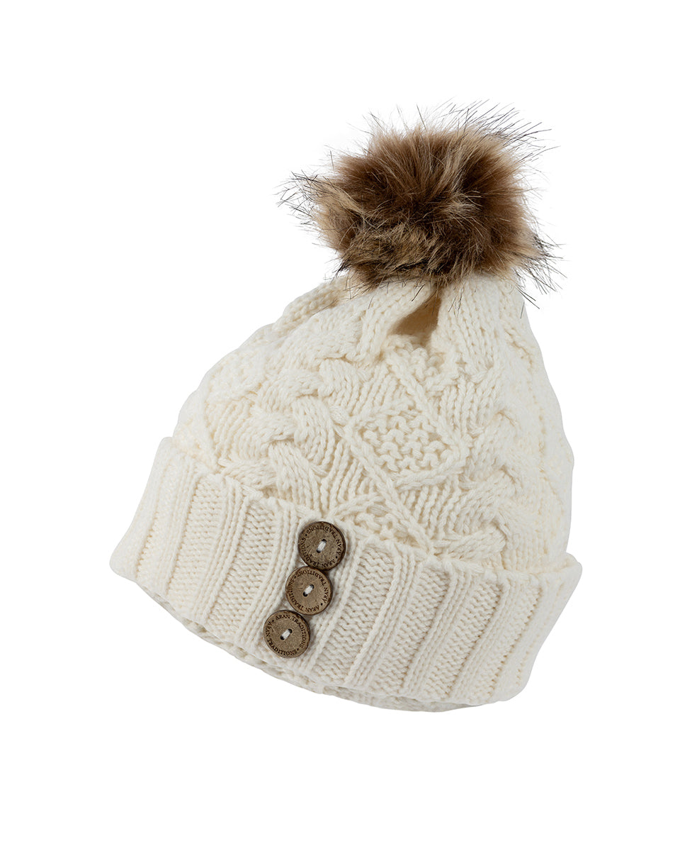 Aran Diamond Cable Button Hat - Cream