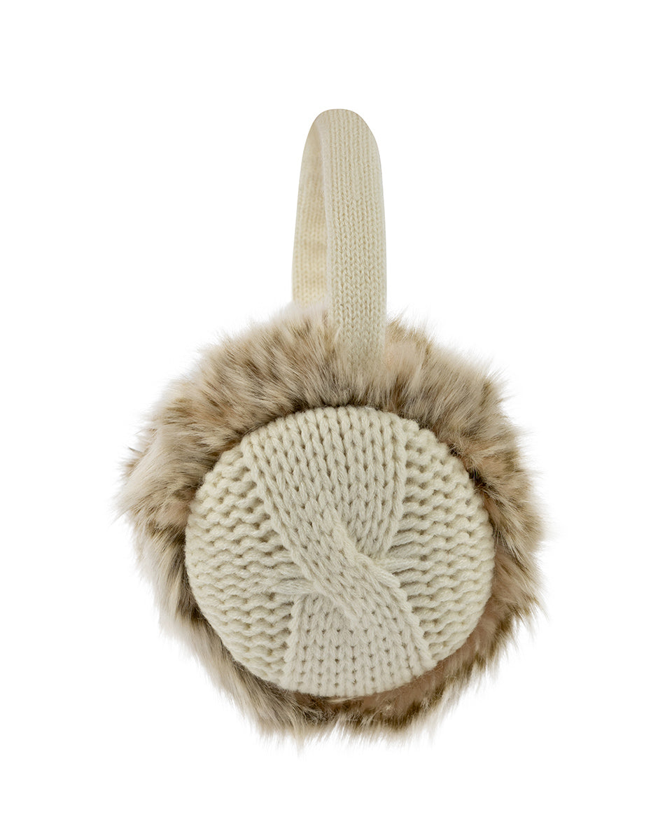 Cream Knitted Earmuffs With Natural Fur Border