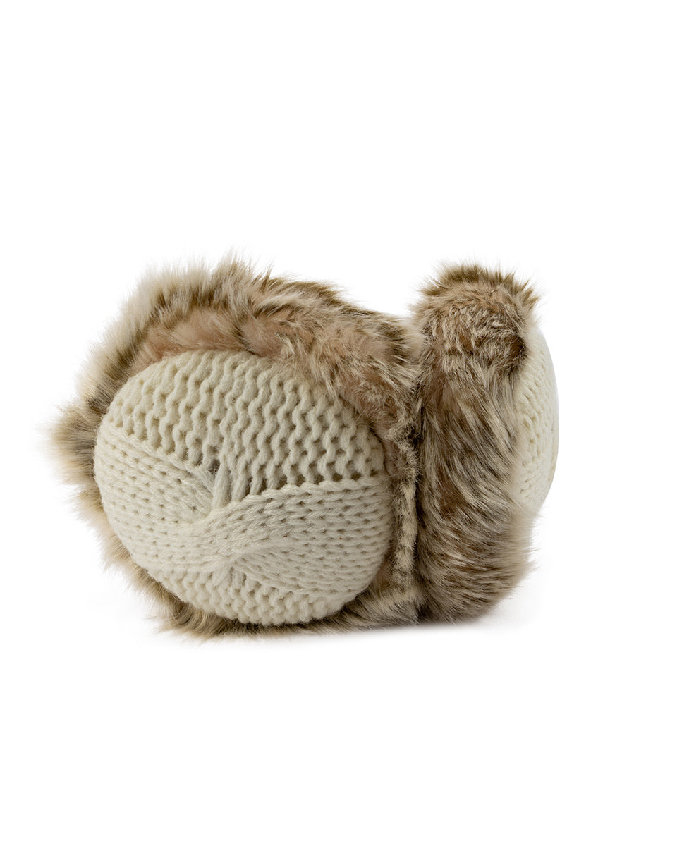 Cream Knitted Earmuffs With Natural Fur Border