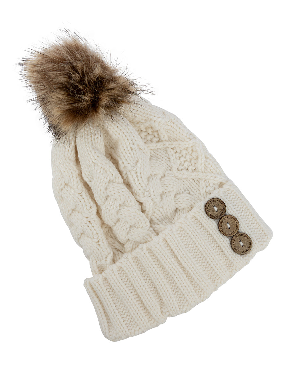 Aran Diamond Cable Button Hat - Cream