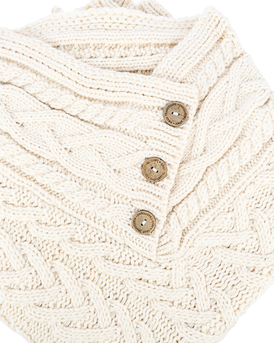 Aran Cable Button Shawl Neck Poncho - Cream