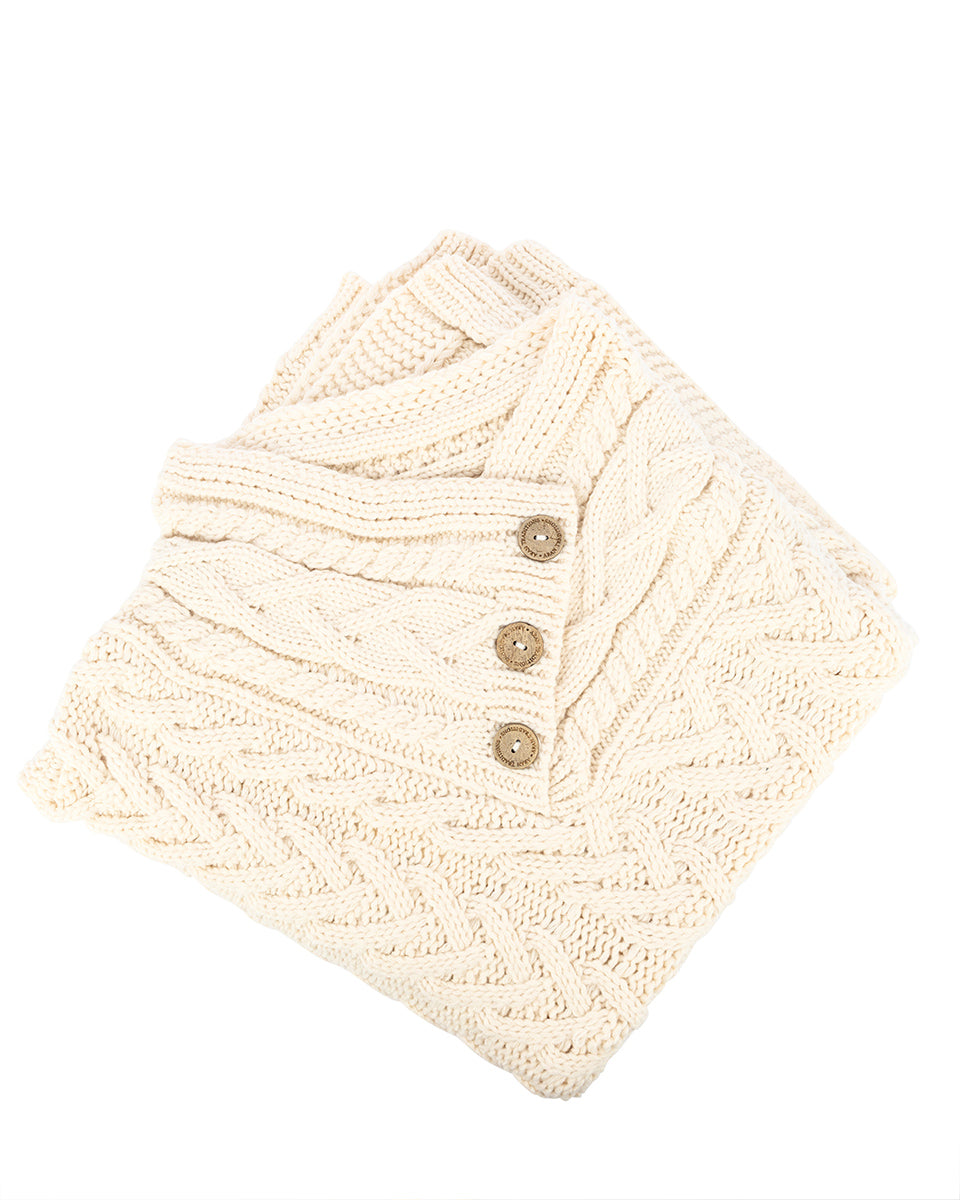 Aran Cable Button Shawl Neck Poncho - Cream