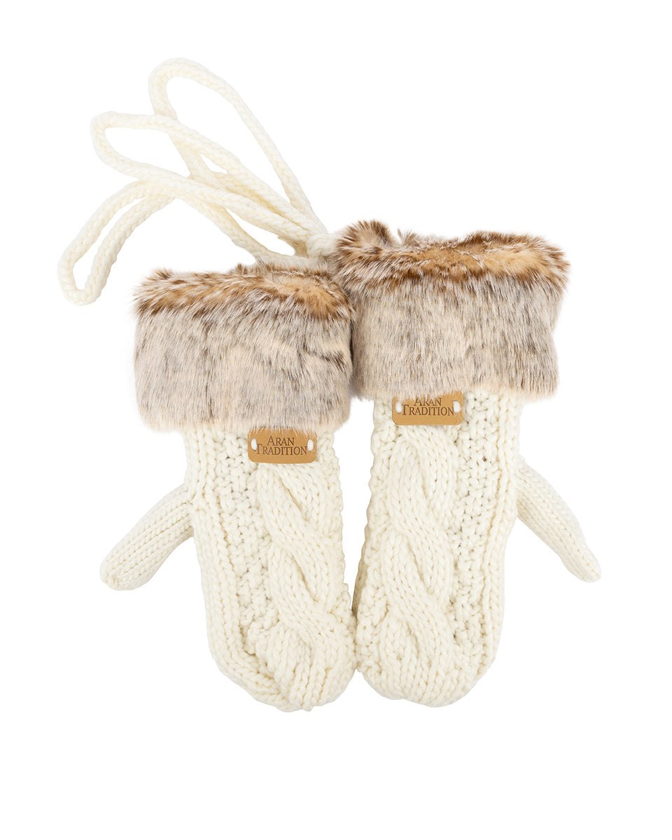 Cream Knitted Mittens - Fur Trim