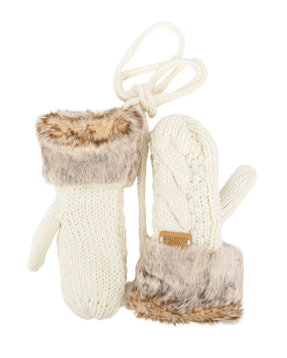 Cream Knitted Mittens - Fur Trim